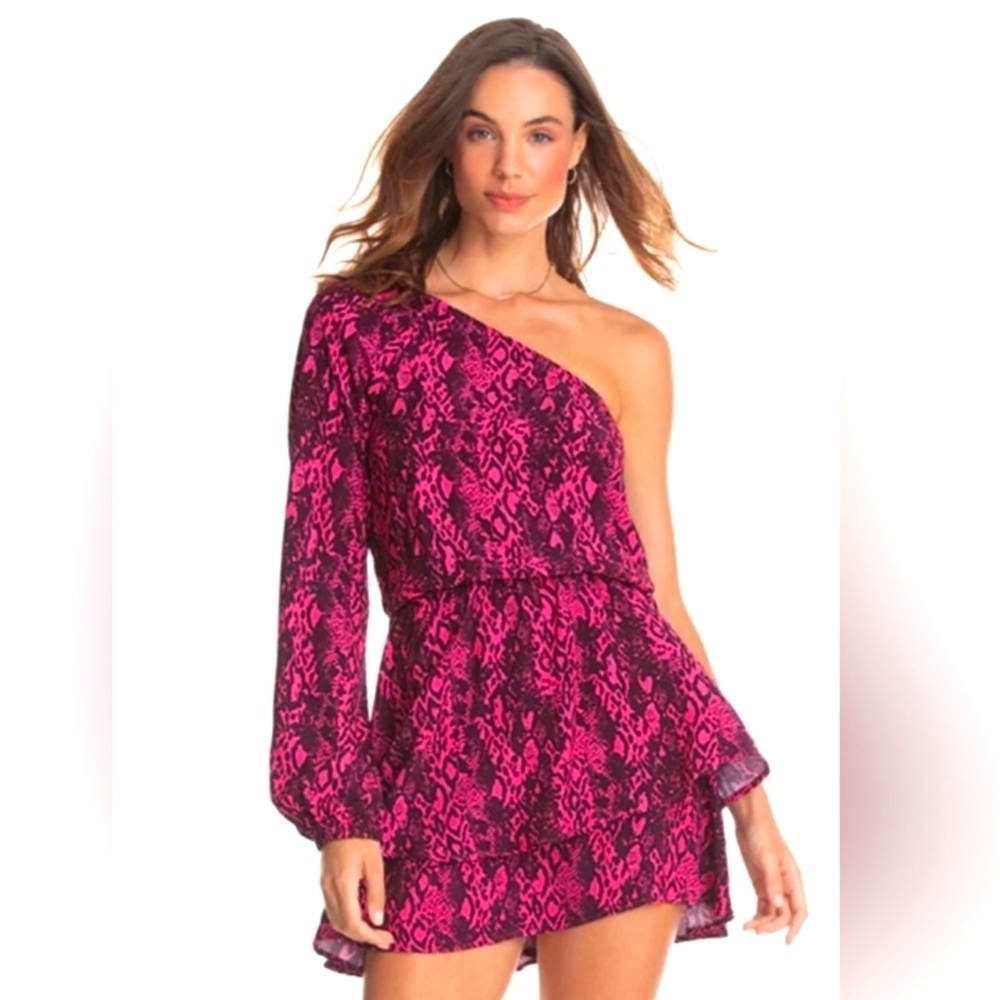 Maaji Pink Quartz Loveliness One-Shoulder Snake Print Mini Dress Pink